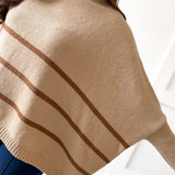 Striped Turtleneck Poncho Sweater- Beige