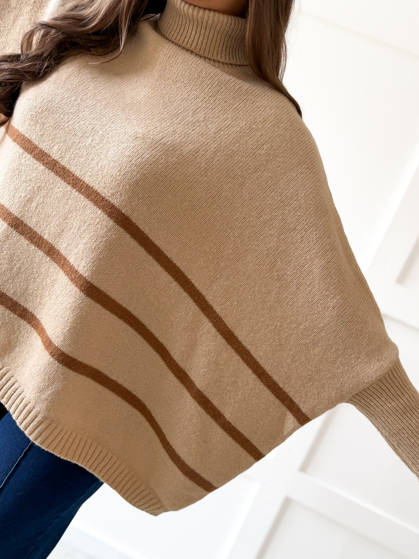 Striped Turtleneck Poncho Sweater- Beige
