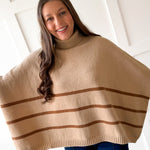 Striped Turtleneck Poncho Sweater- Beige