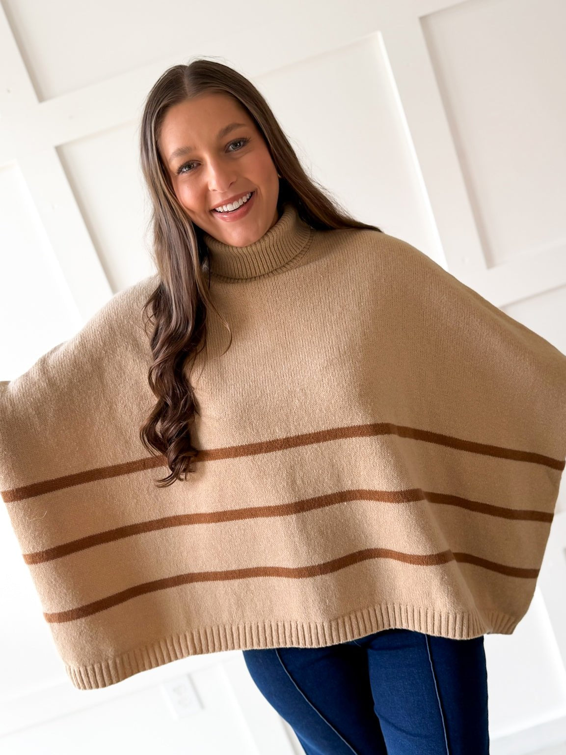 Striped Turtleneck Poncho Sweater- Beige