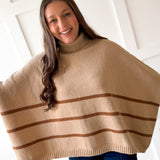Striped Turtleneck Poncho Sweater- Beige