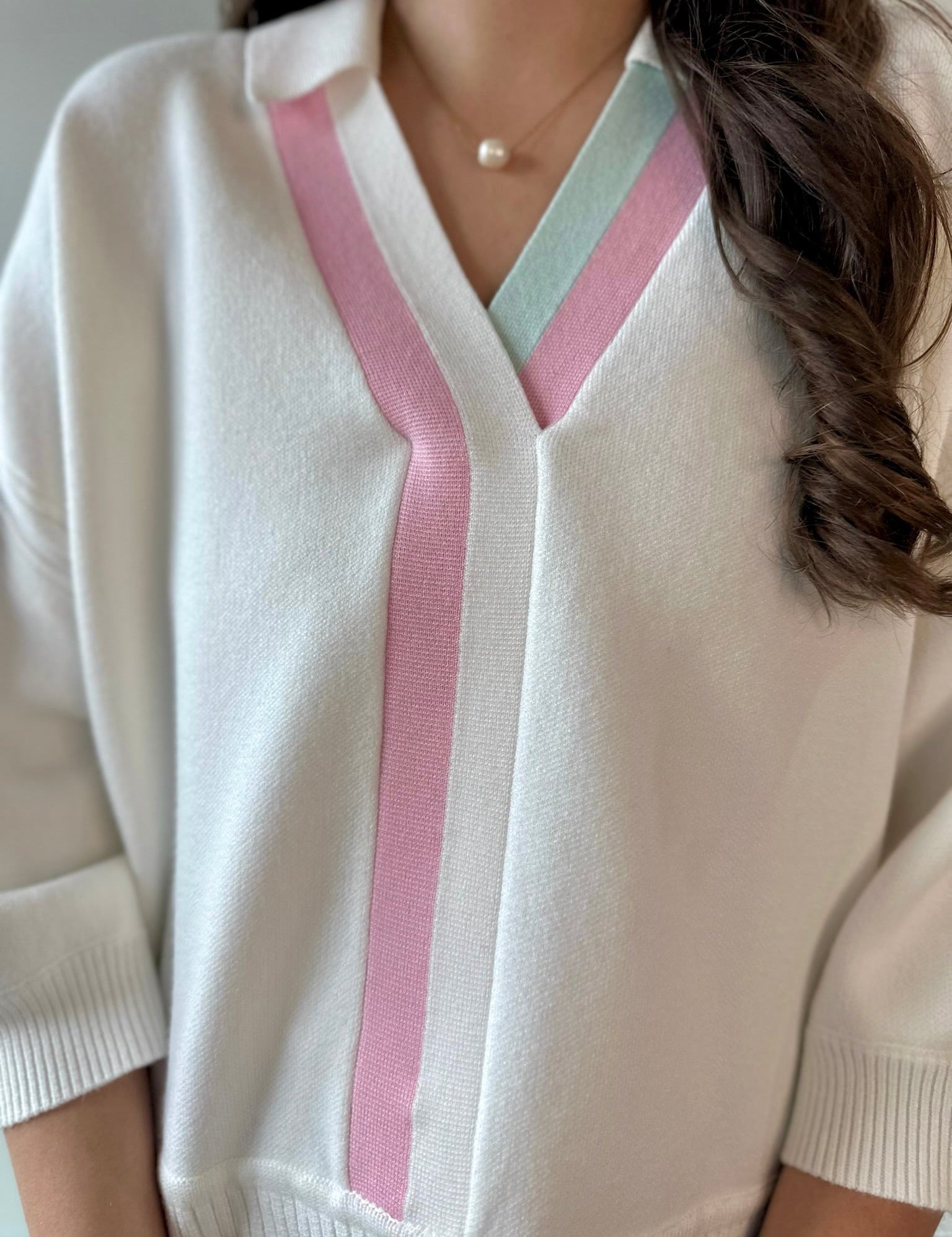 Striped V - Neck 3/4 Sleeve Sweater