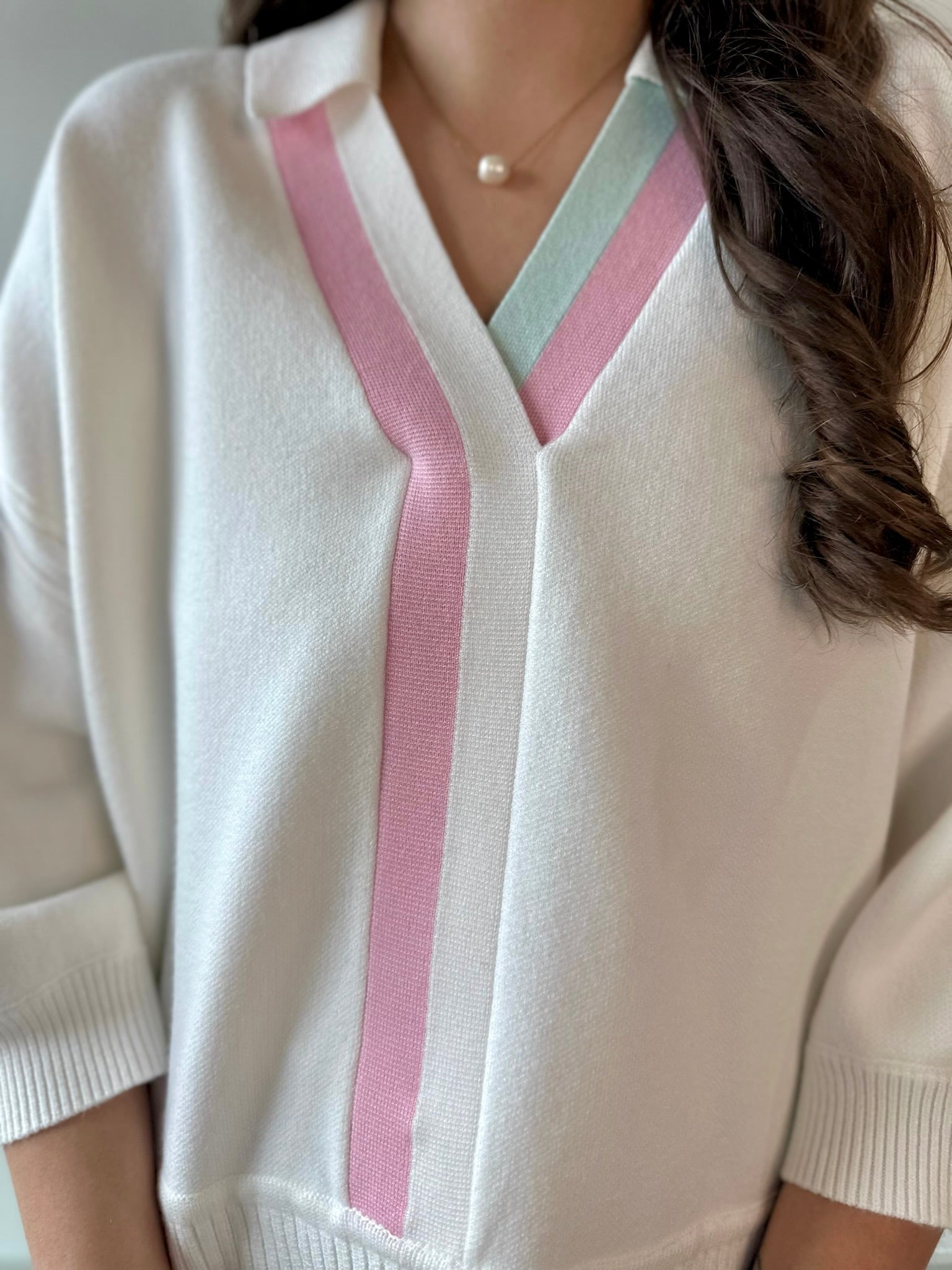 Striped V - Neck 3/4 Sleeve Sweater