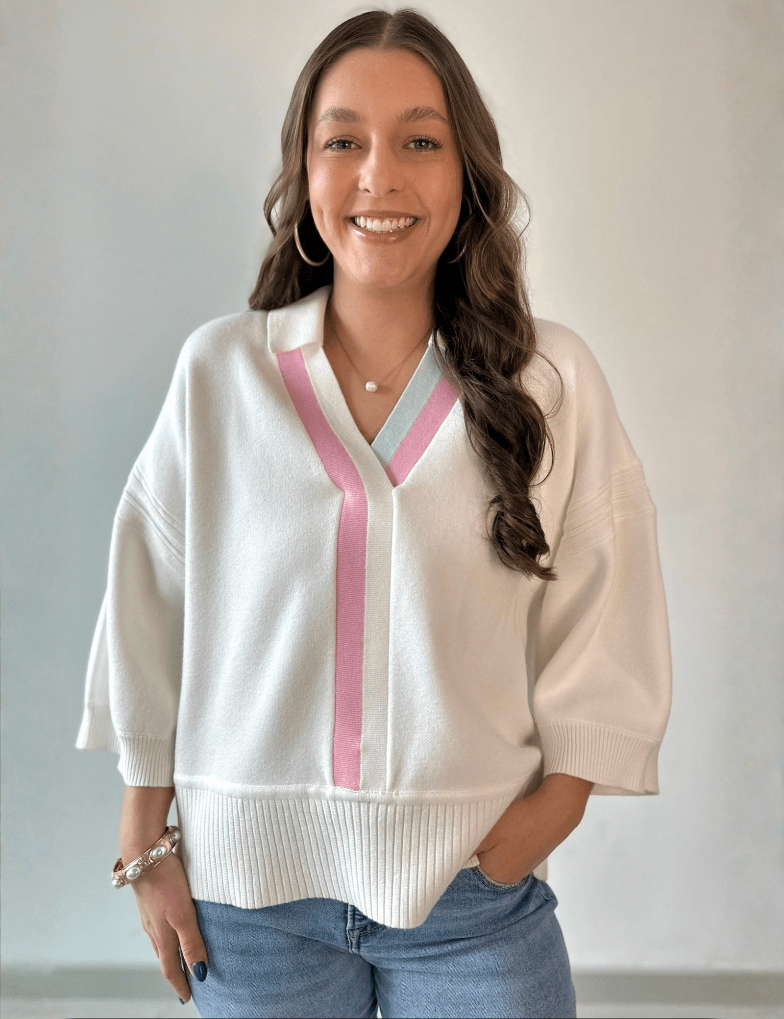 Striped V - Neck 3/4 Sleeve Sweater