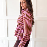 Striped Waist Tied Shirt - Camel/Pink