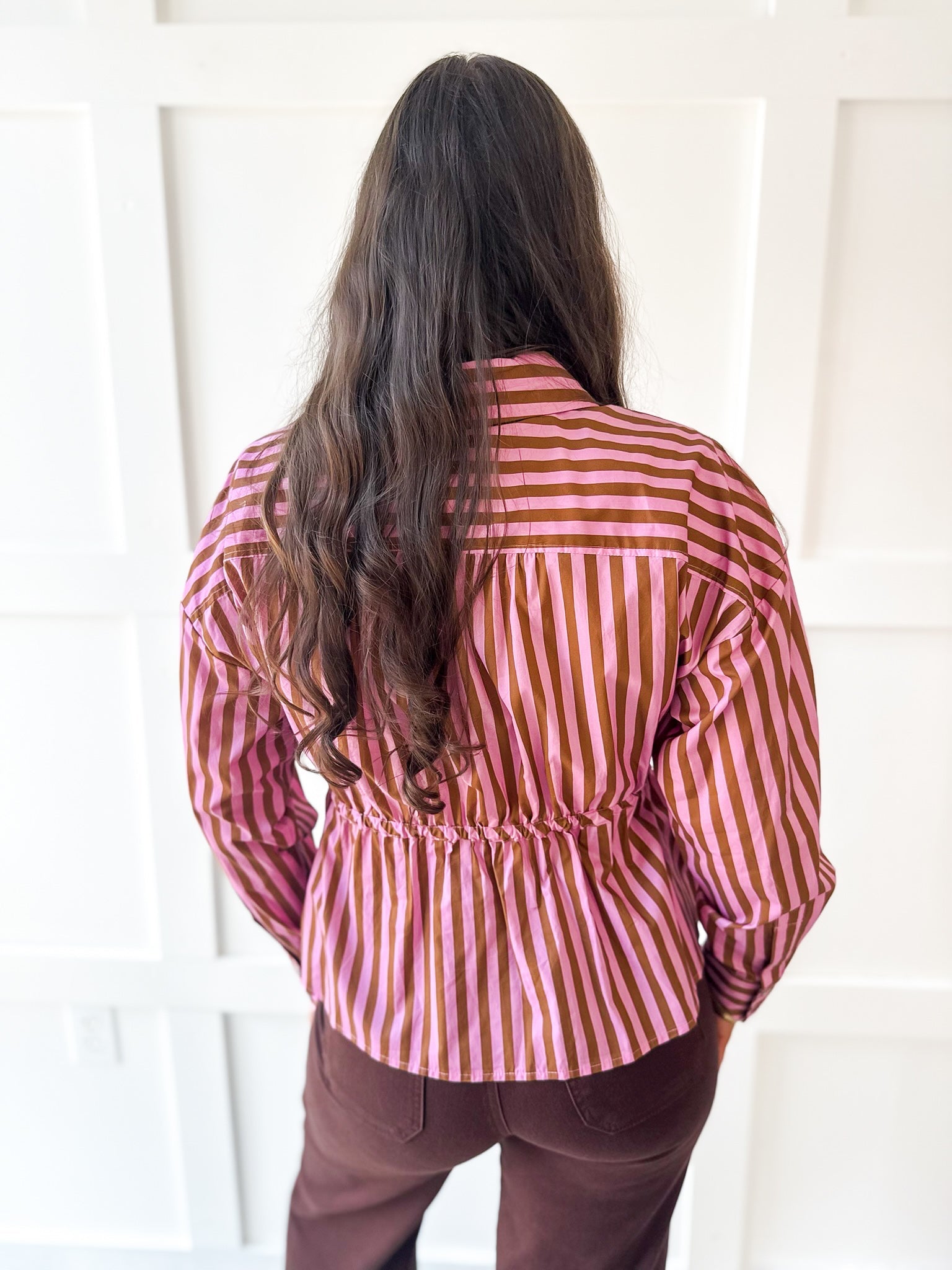 Striped Waist Tied Shirt - Camel/Pink