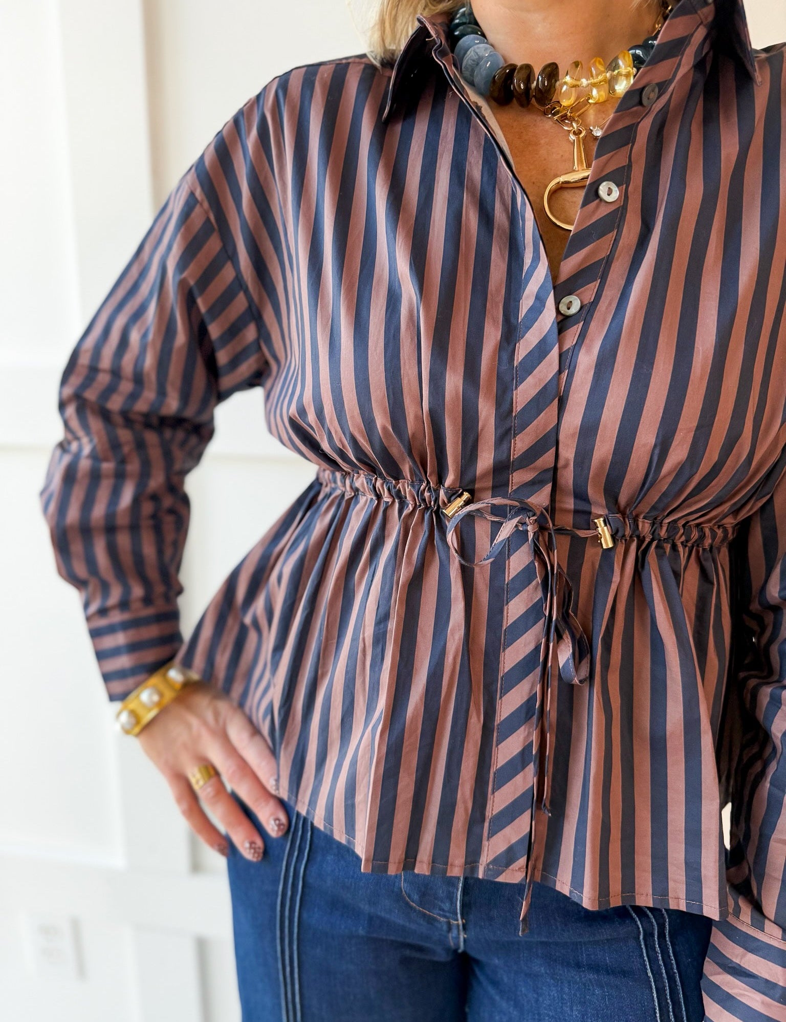 Striped Waist Tied Shirt - Navy/Brown