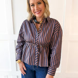 Striped Waist Tied Shirt - Navy/Brown