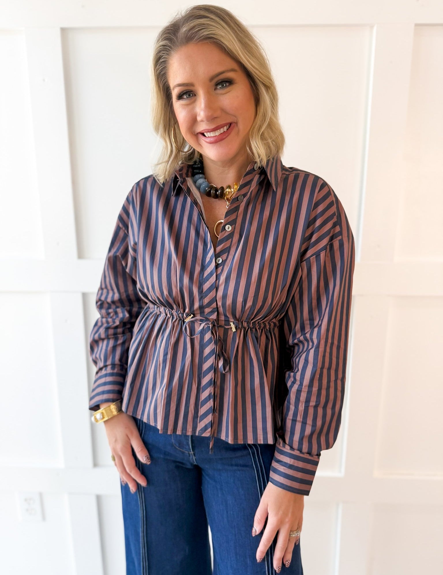 Striped Waist Tied Shirt - Navy/Brown