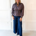 Striped Waist Tied Shirt - Navy/Brown