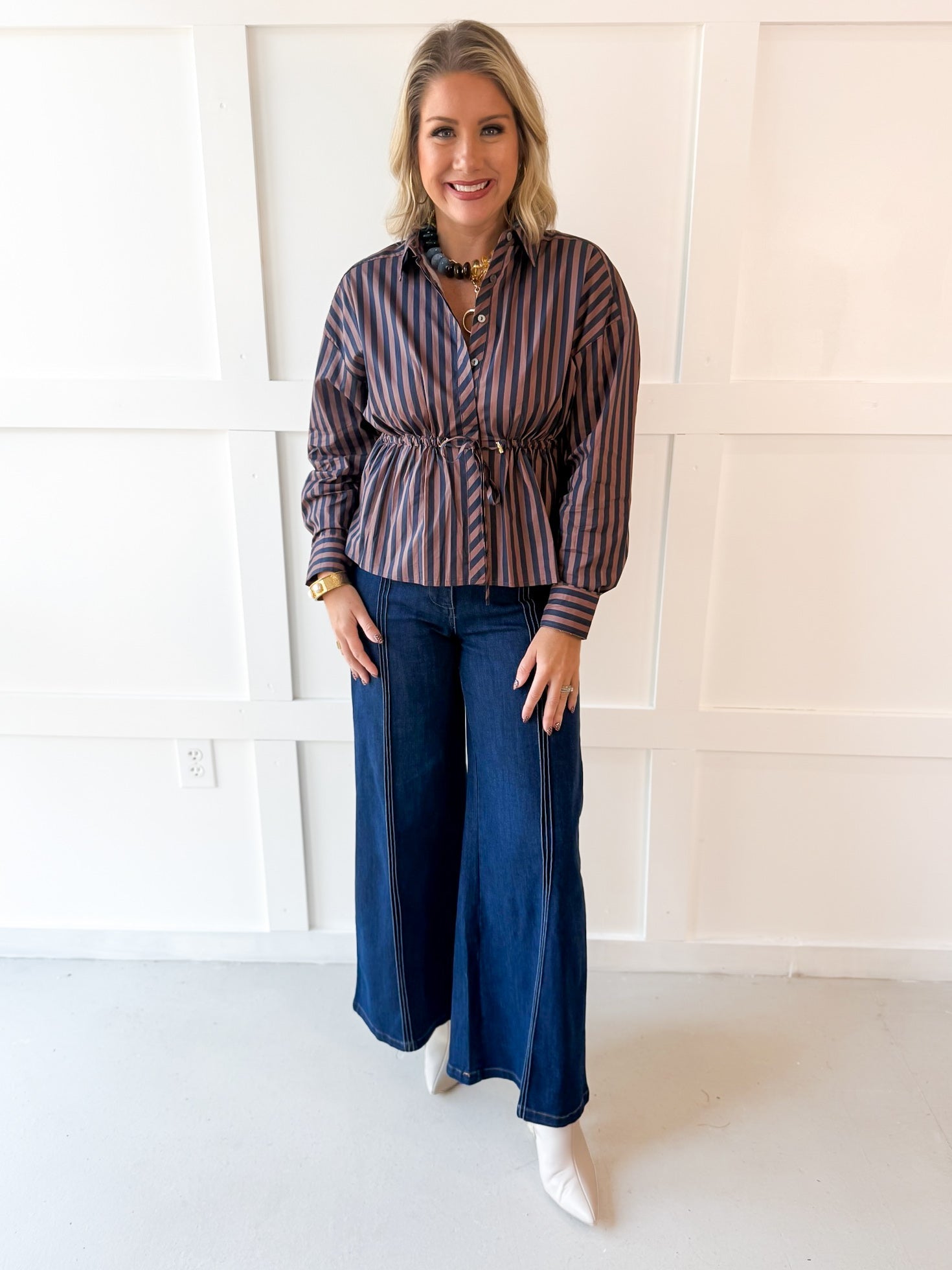 Striped Waist Tied Shirt - Navy/Brown