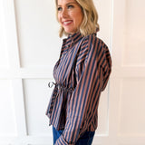 Striped Waist Tied Shirt - Navy/Brown