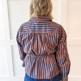 Striped Waist Tied Shirt - Navy/Brown
