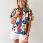 Striped Watercolor Floral Print Top