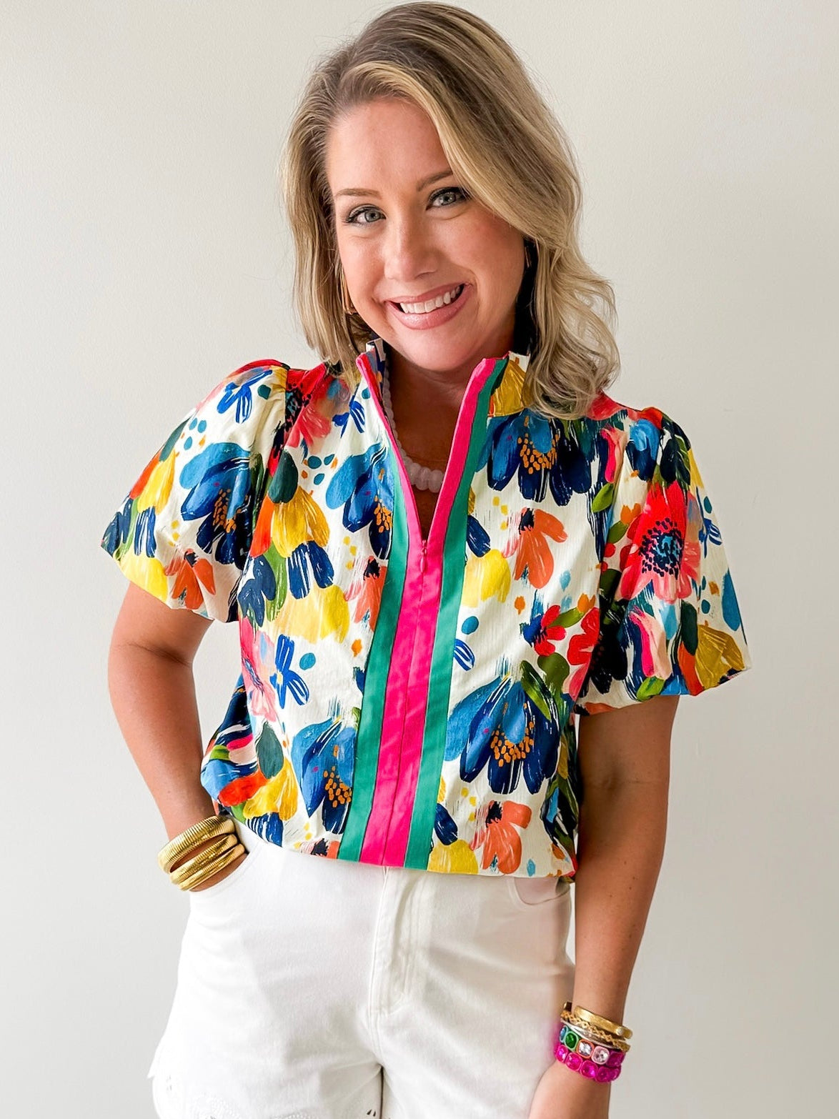 Striped Watercolor Floral Print Top