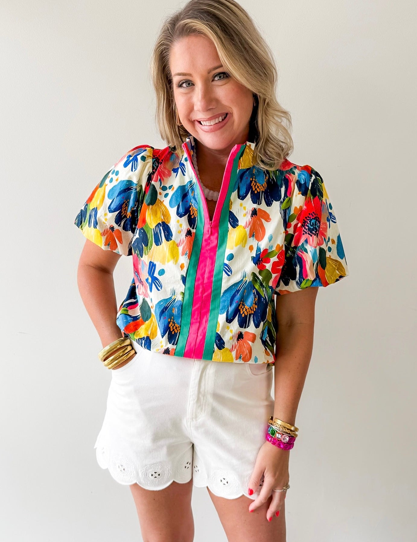Striped Watercolor Floral Print Top