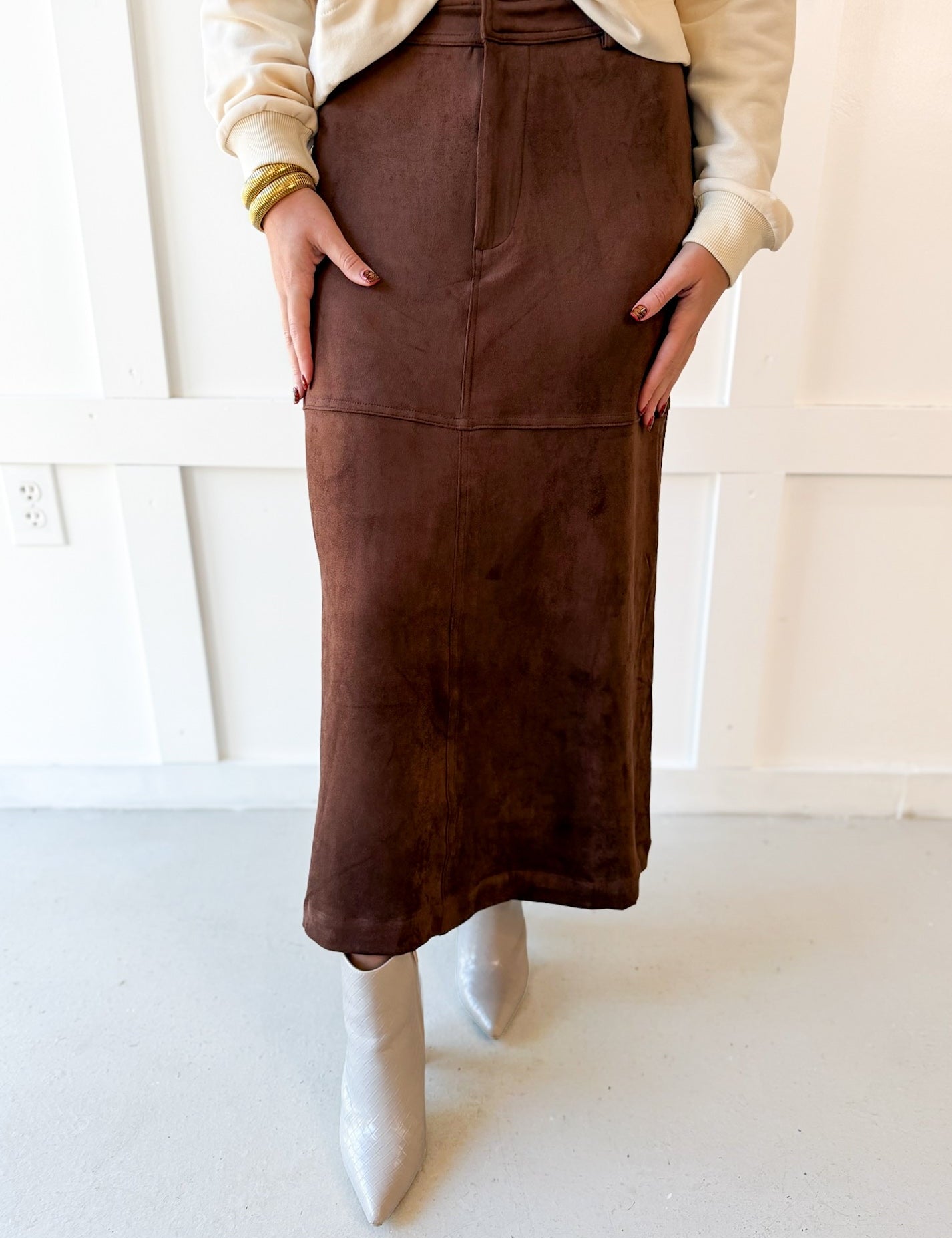 Suede Panel Midi Skirt - Brown