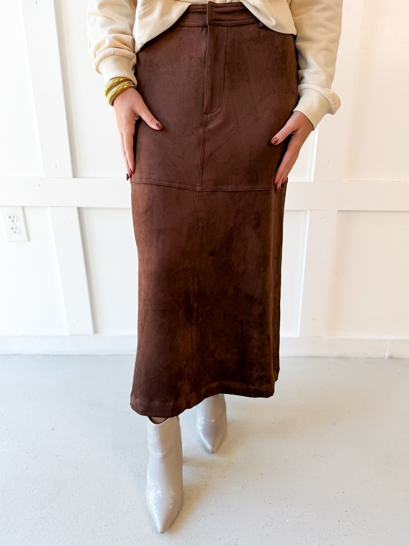 Suede Panel Midi Skirt - Brown