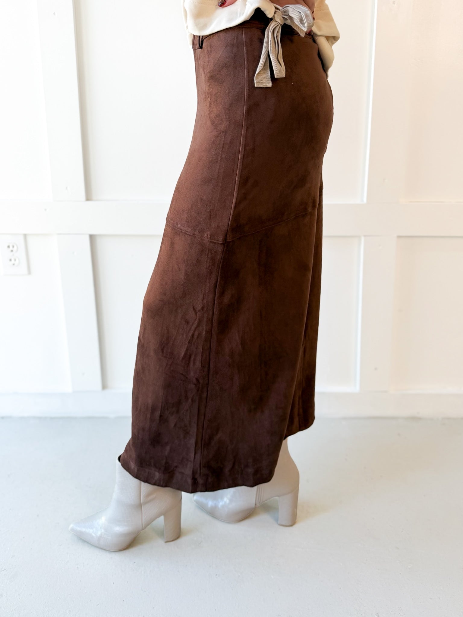 Suede Panel Midi Skirt - Brown