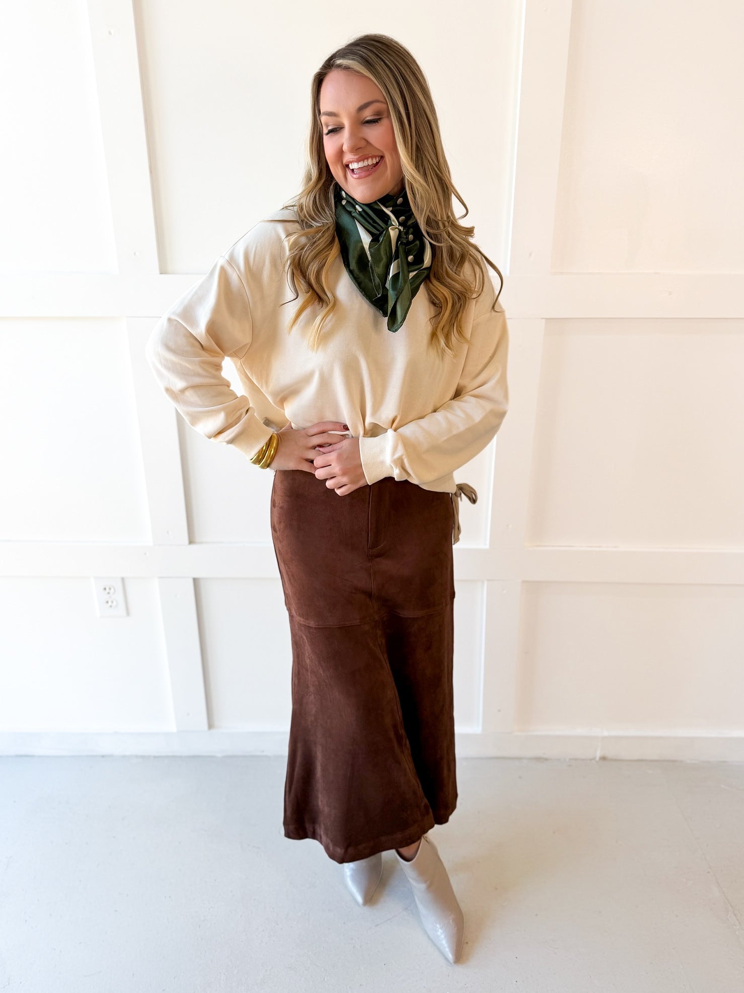 Suede Panel Midi Skirt - Brown