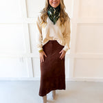 Suede Panel Midi Skirt - Brown