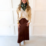 Suede Panel Midi Skirt - Brown