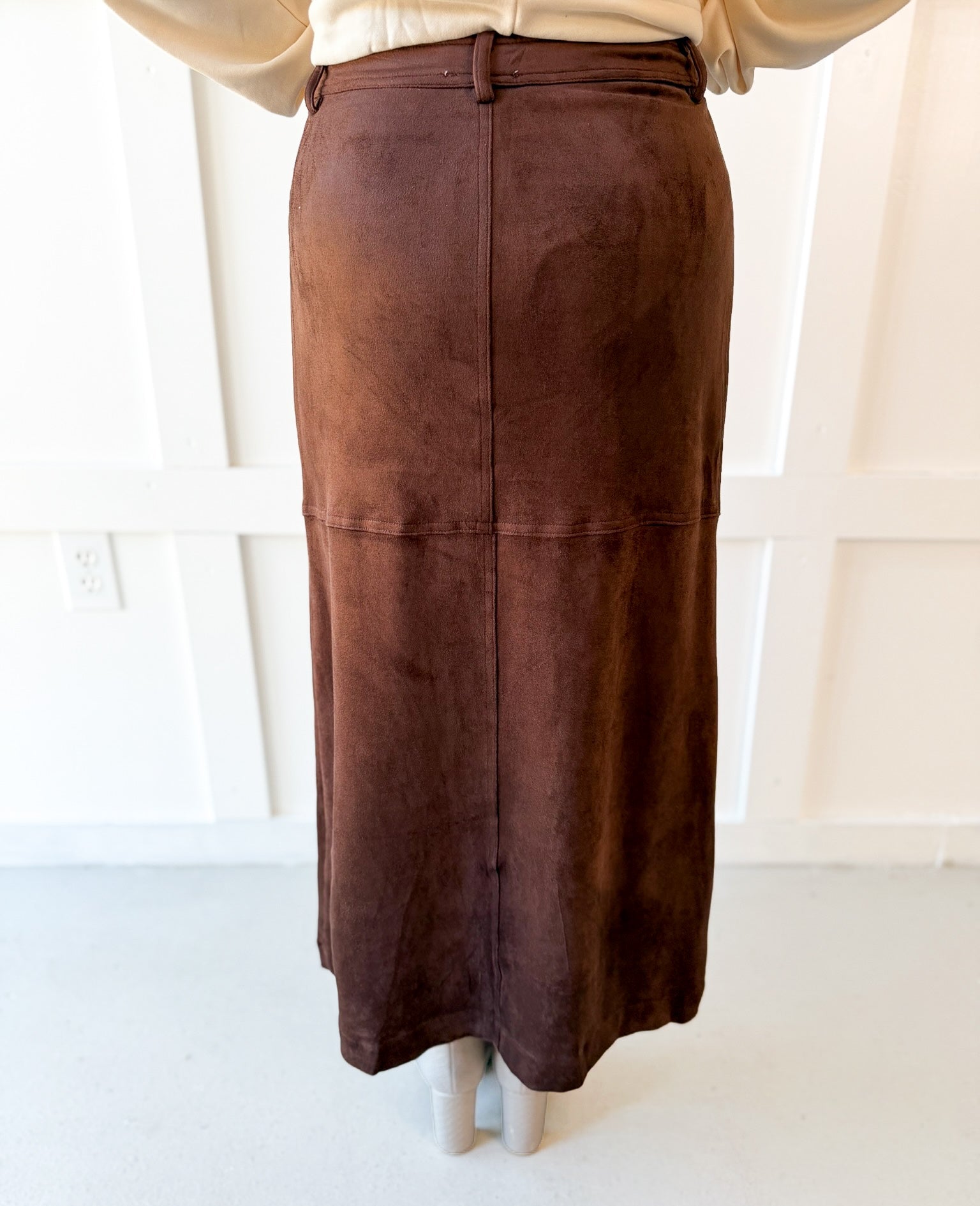 Suede Panel Midi Skirt - Brown