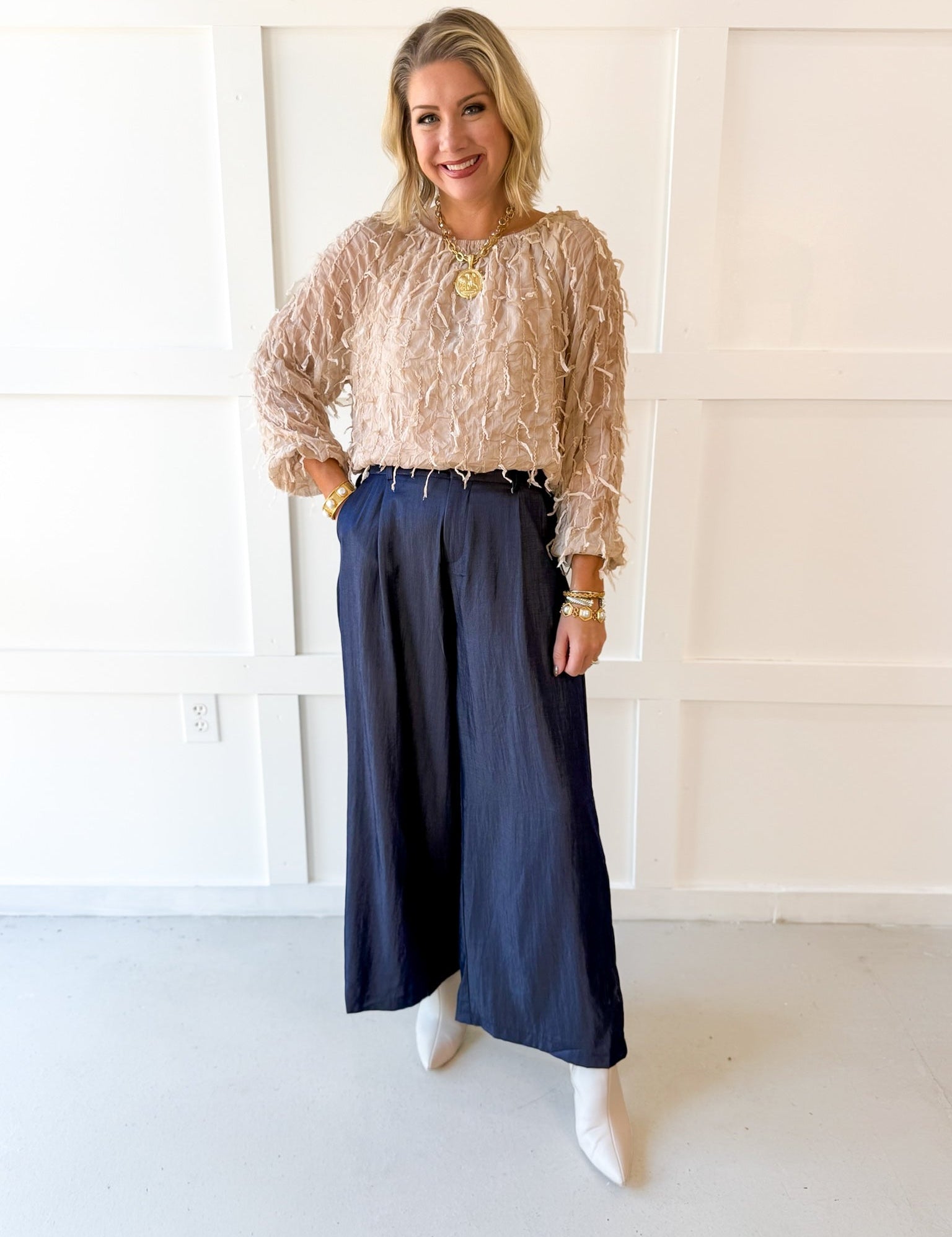 Tailored Wide Leg High Waist Pants - Indigo