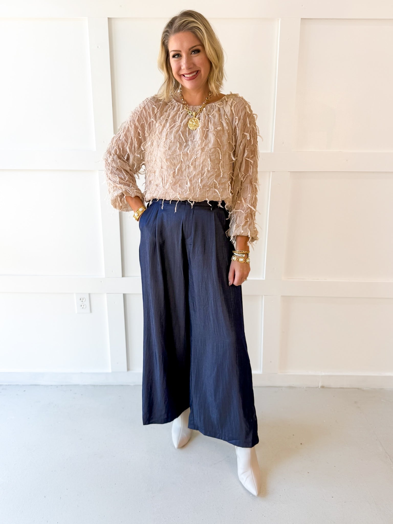 Tailored Wide Leg High Waist Pants - Indigo