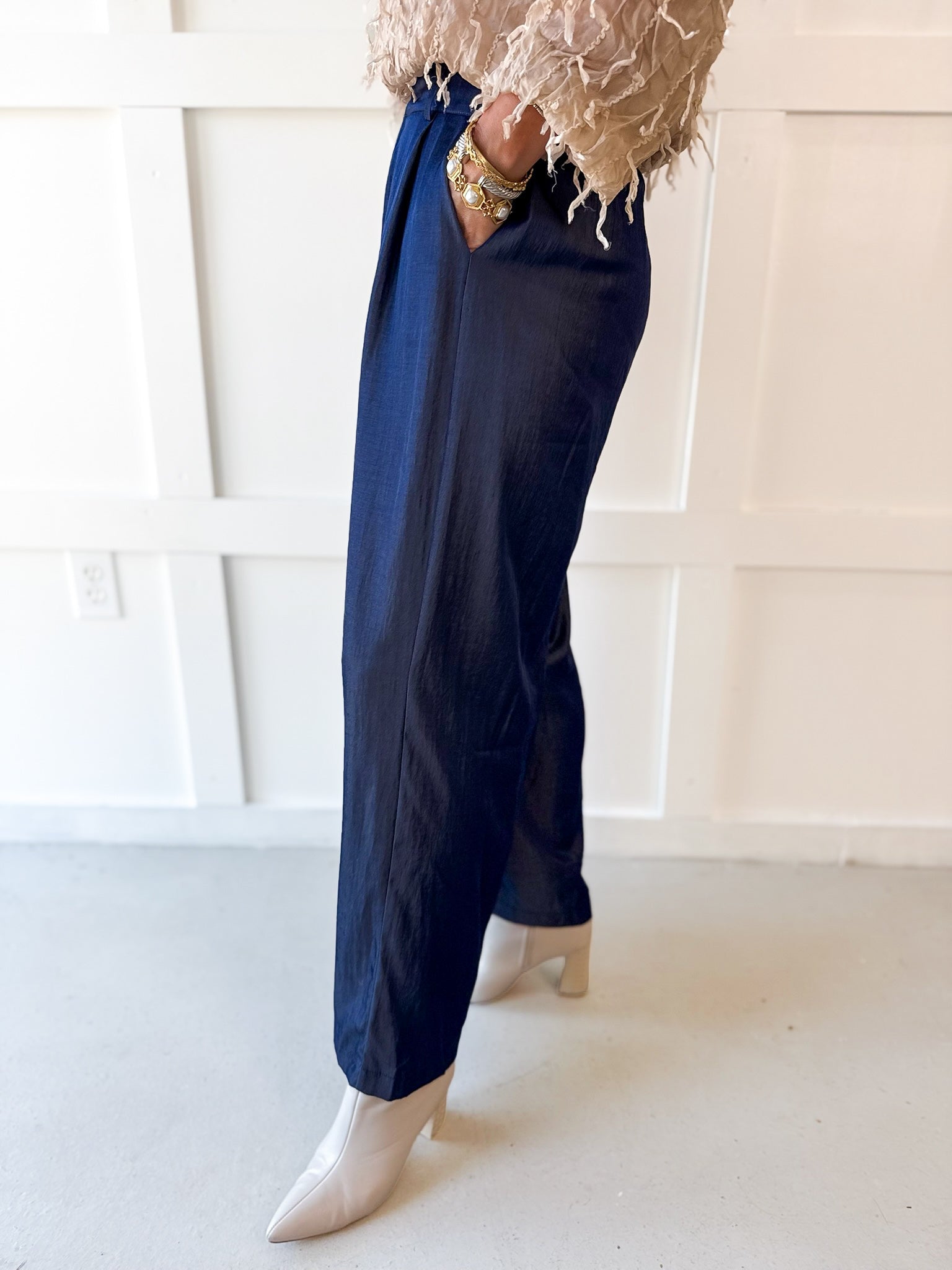 Tailored Wide Leg High Waist Pants - Indigo
