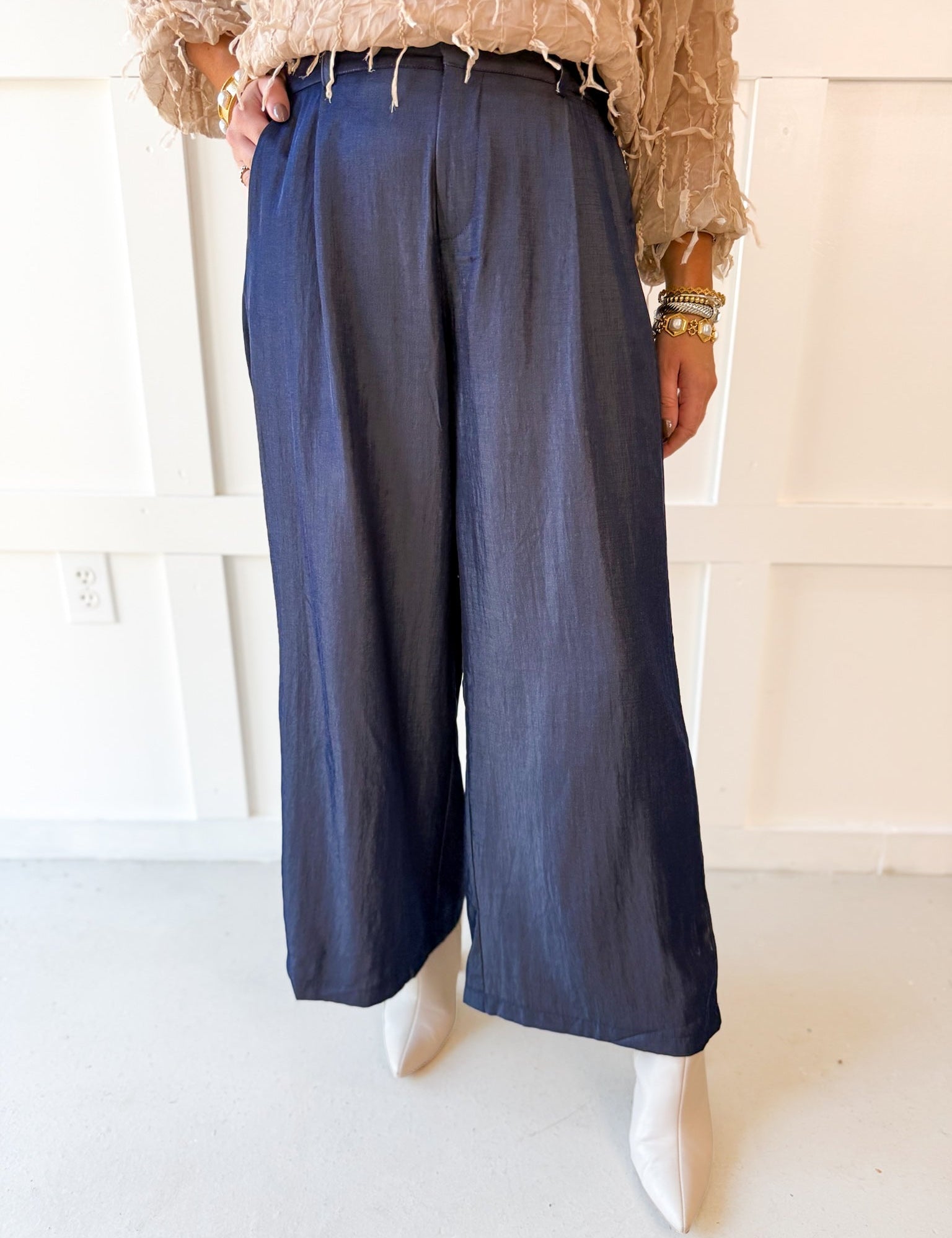 Tailored Wide Leg High Waist Pants - Indigo