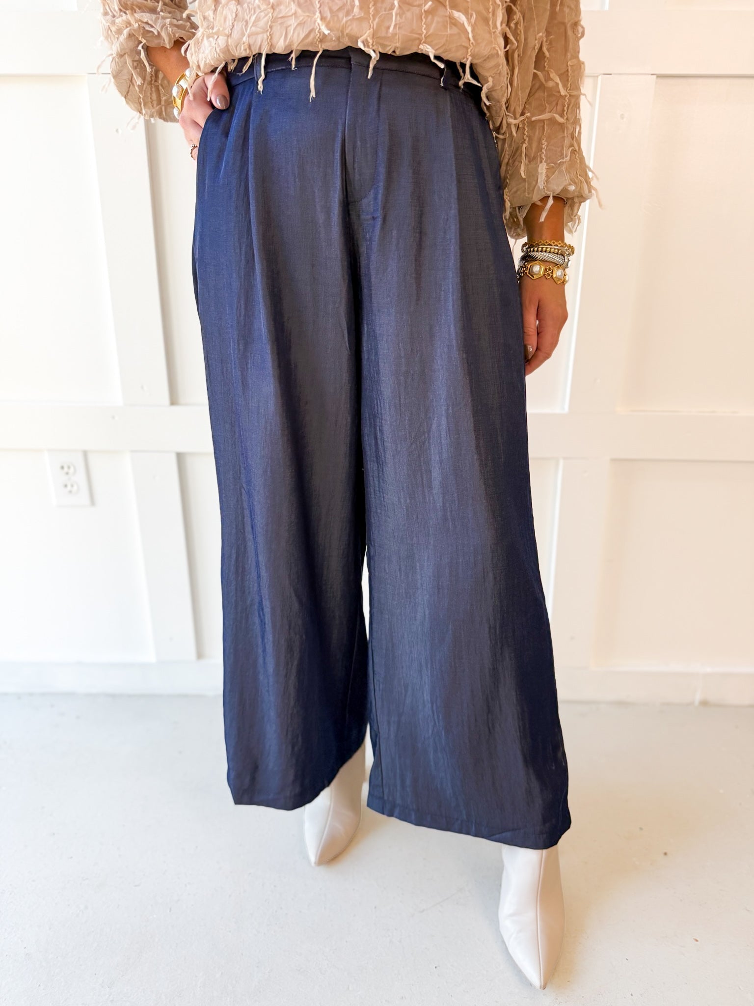 Tailored Wide Leg High Waist Pants - Indigo