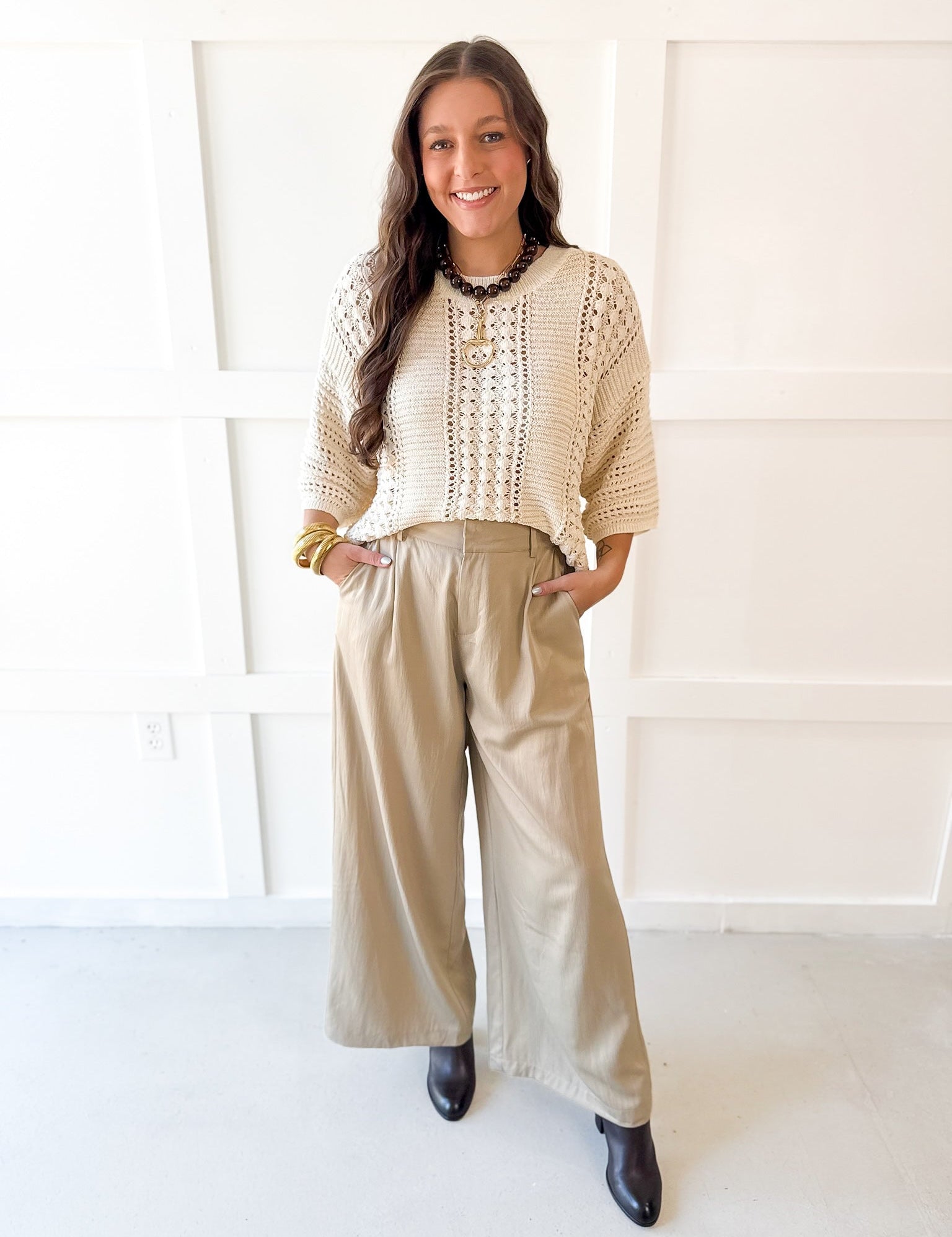 Tailored Wide Leg High Waist Pants - Taupe