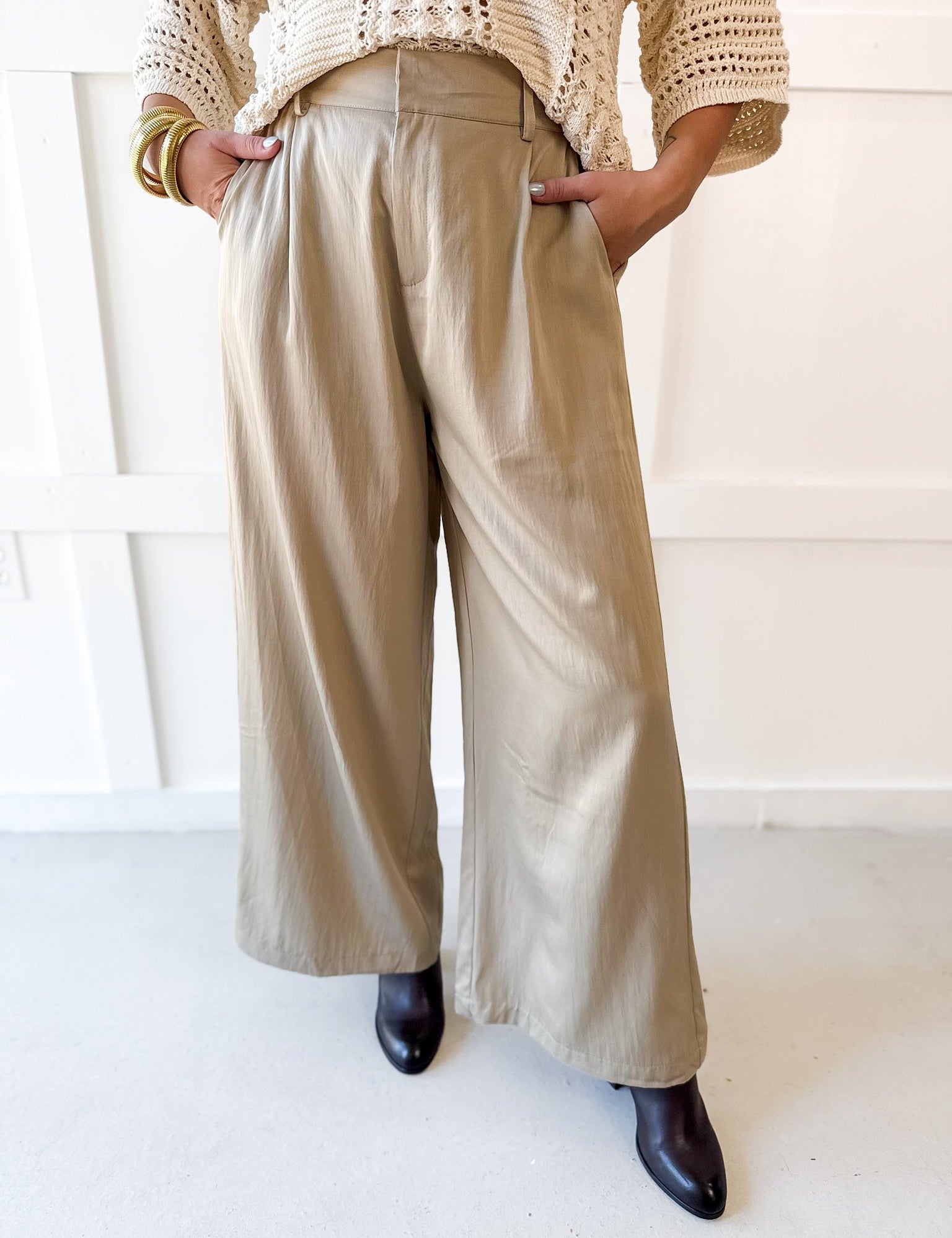 Tailored Wide Leg High Waist Pants - Taupe