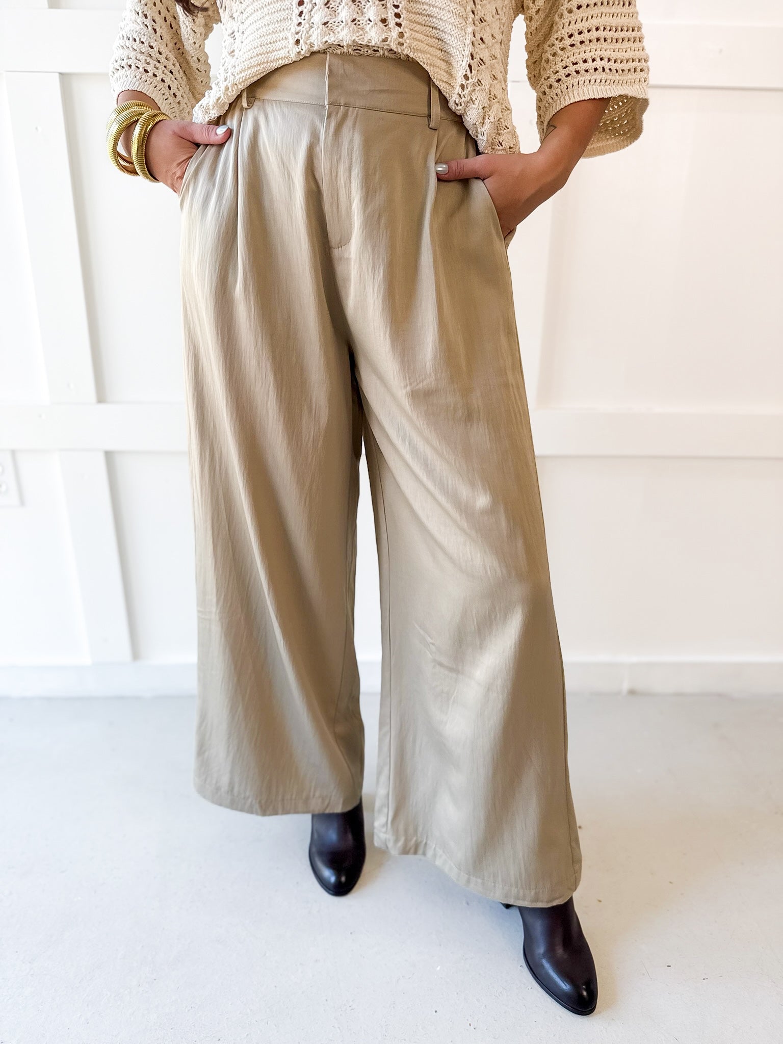 Tailored Wide Leg High Waist Pants - Taupe