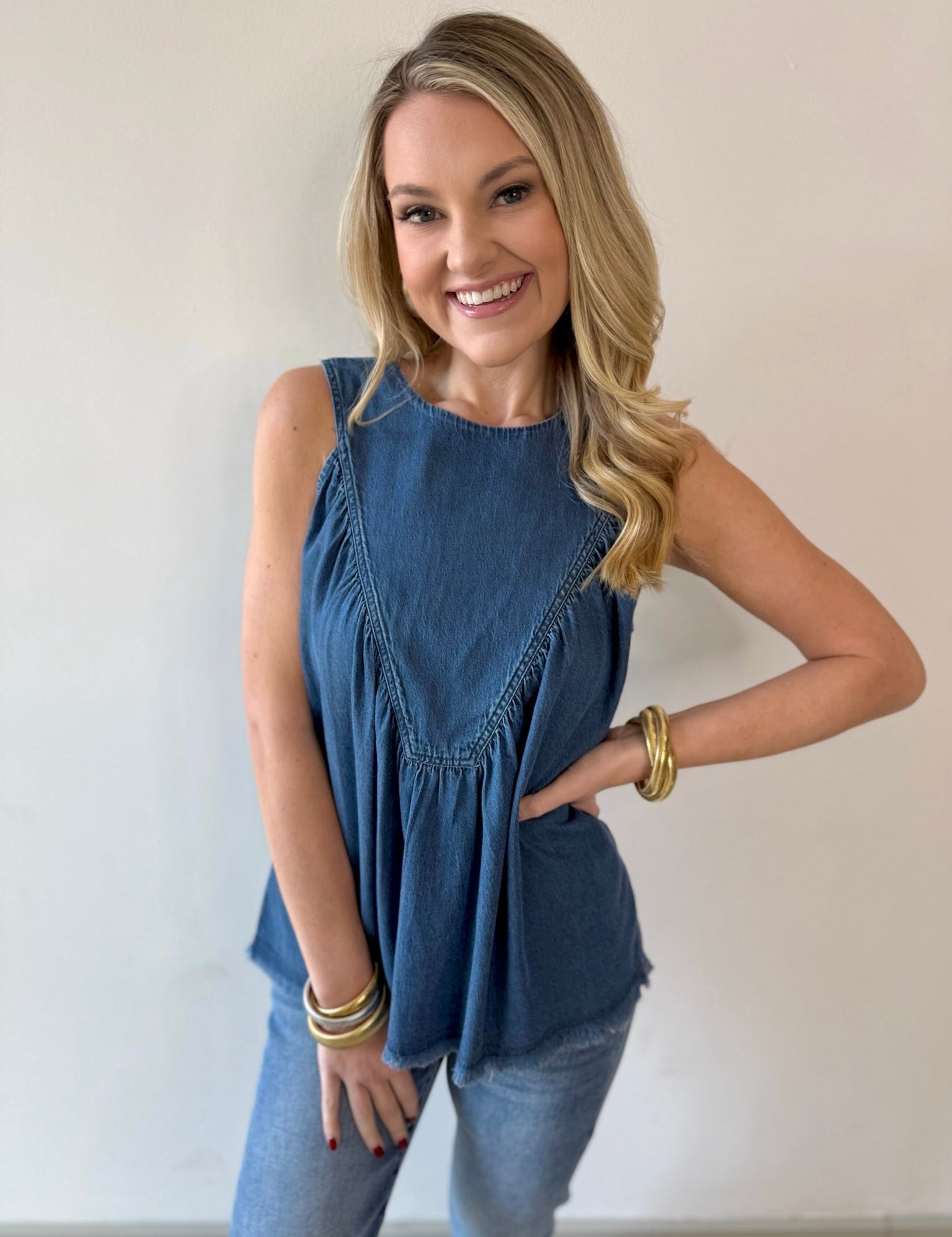 Tencel Round Neck Shirred Top