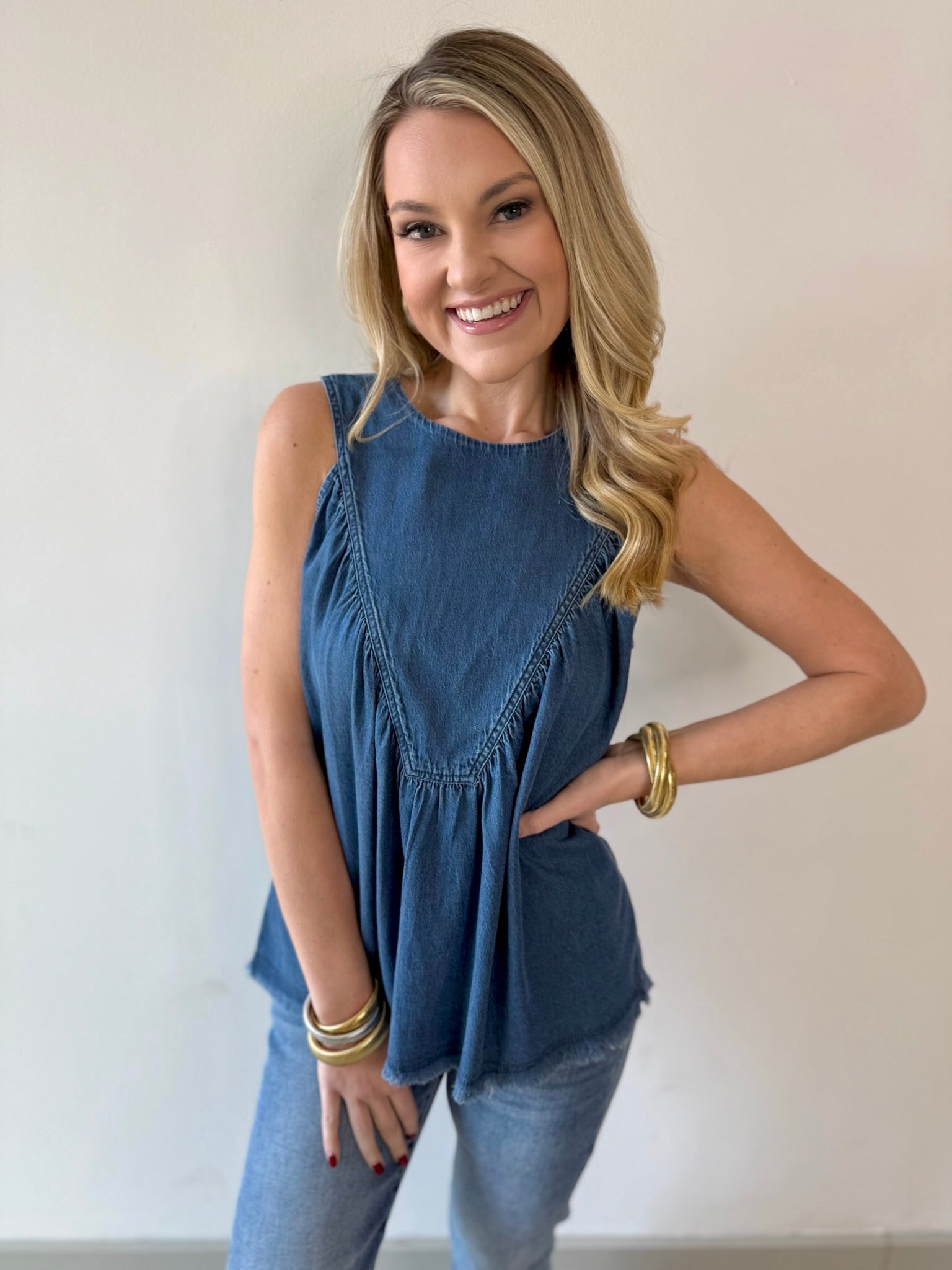 Tencel Round Neck Shirred Top