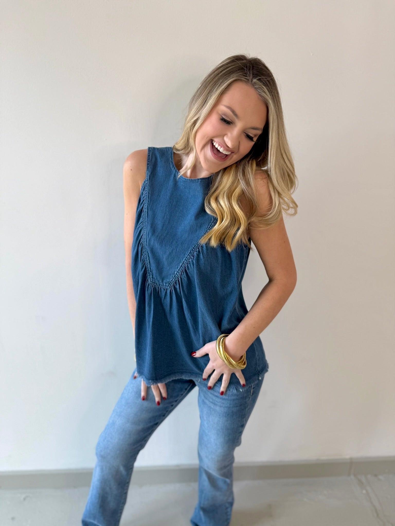 Tencel Round Neck Shirred Top