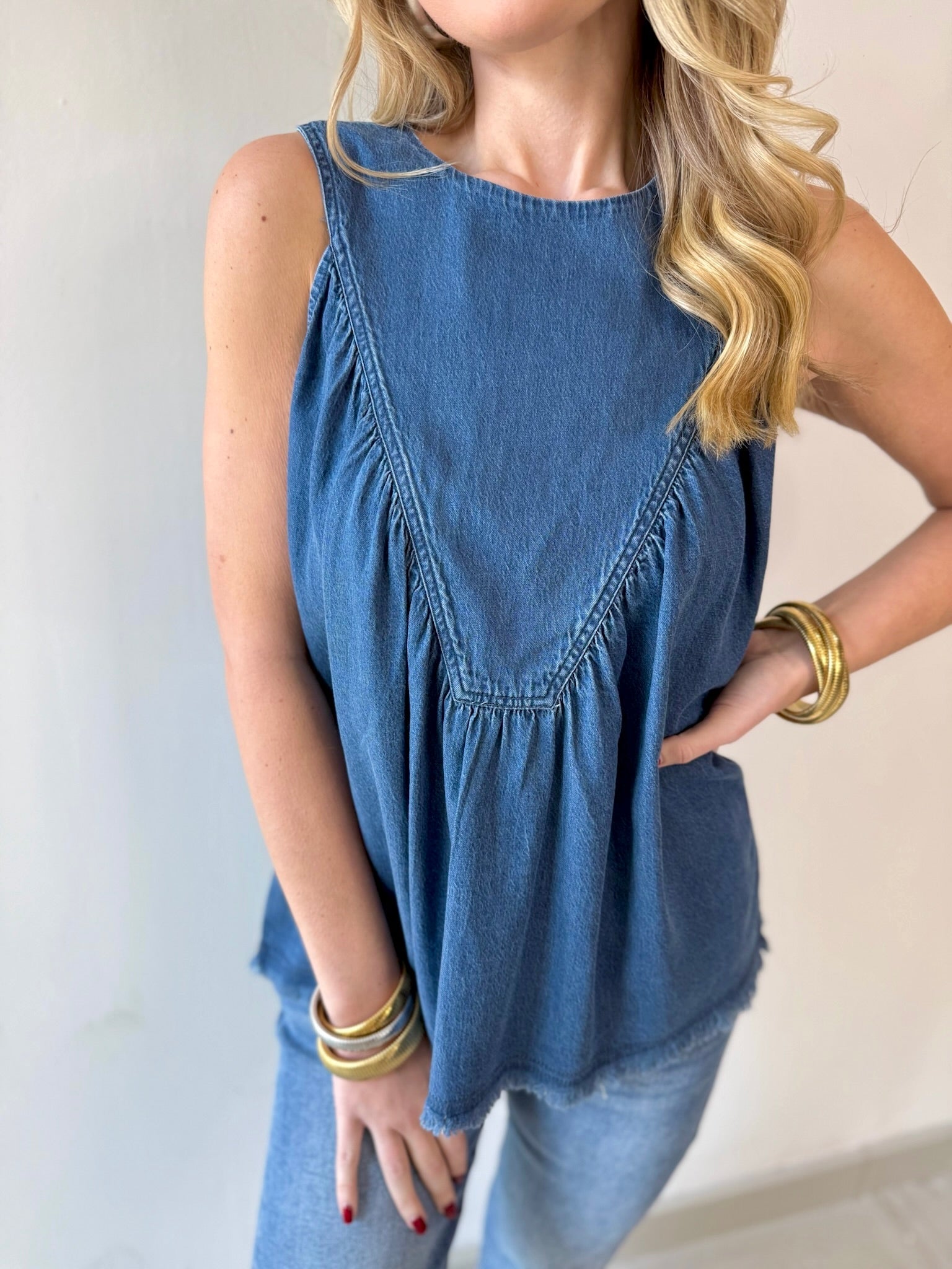 Tencel Round Neck Shirred Top