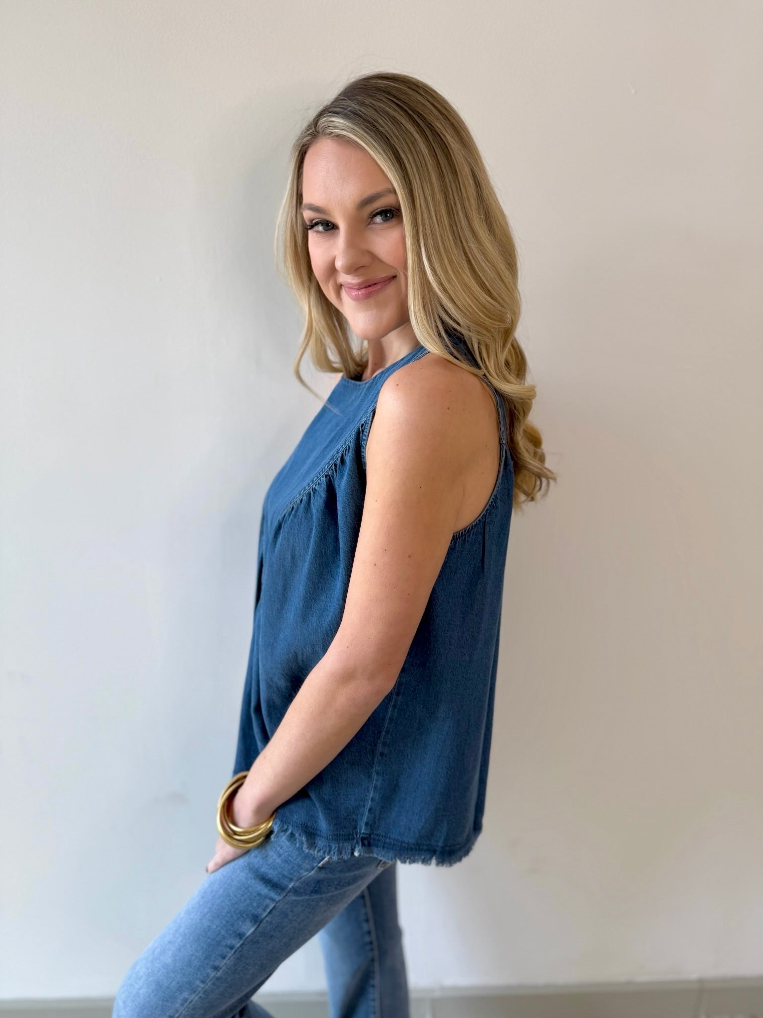 Tencel Round Neck Shirred Top