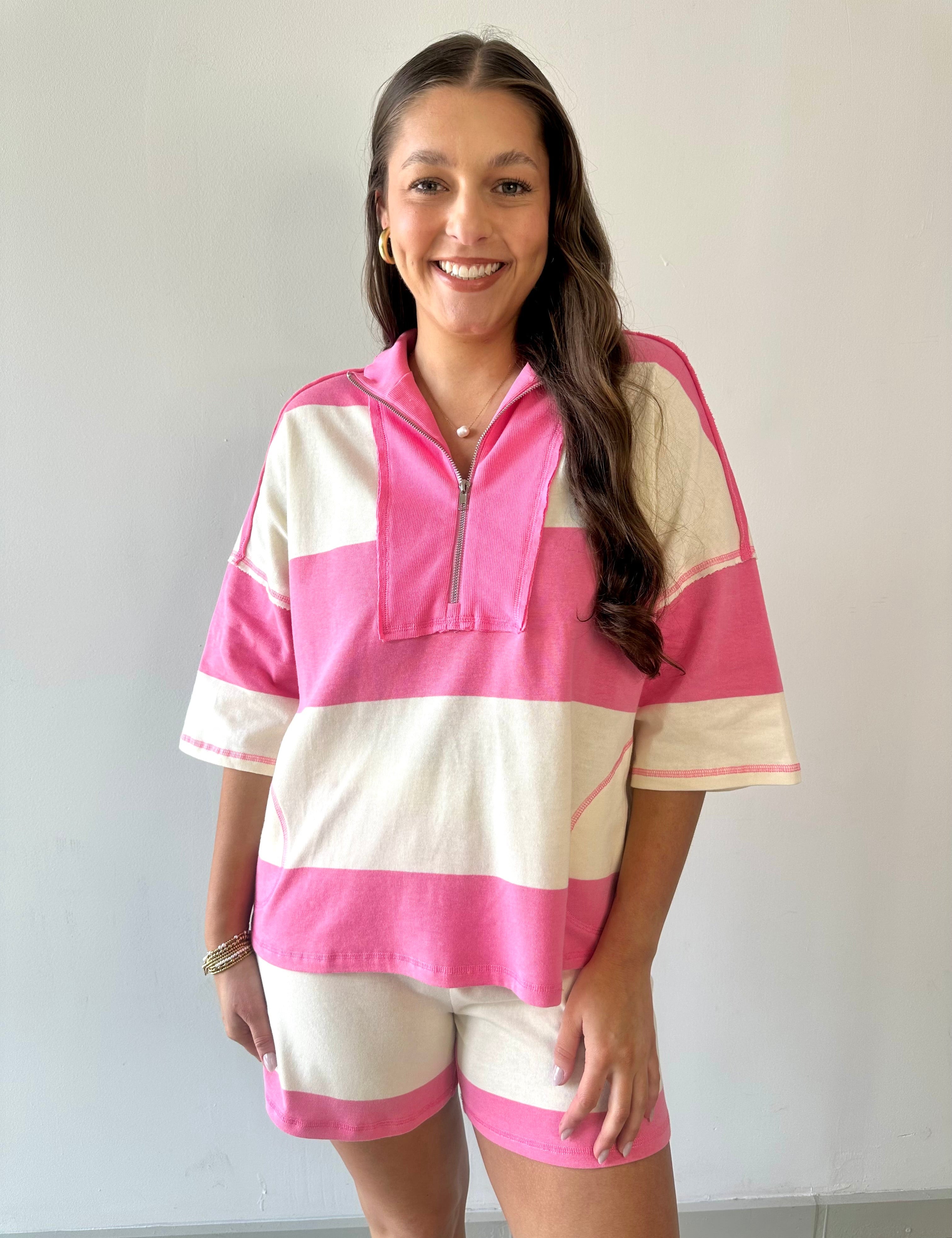 Terry Rugby Top & Short Set - Pink /Ivory