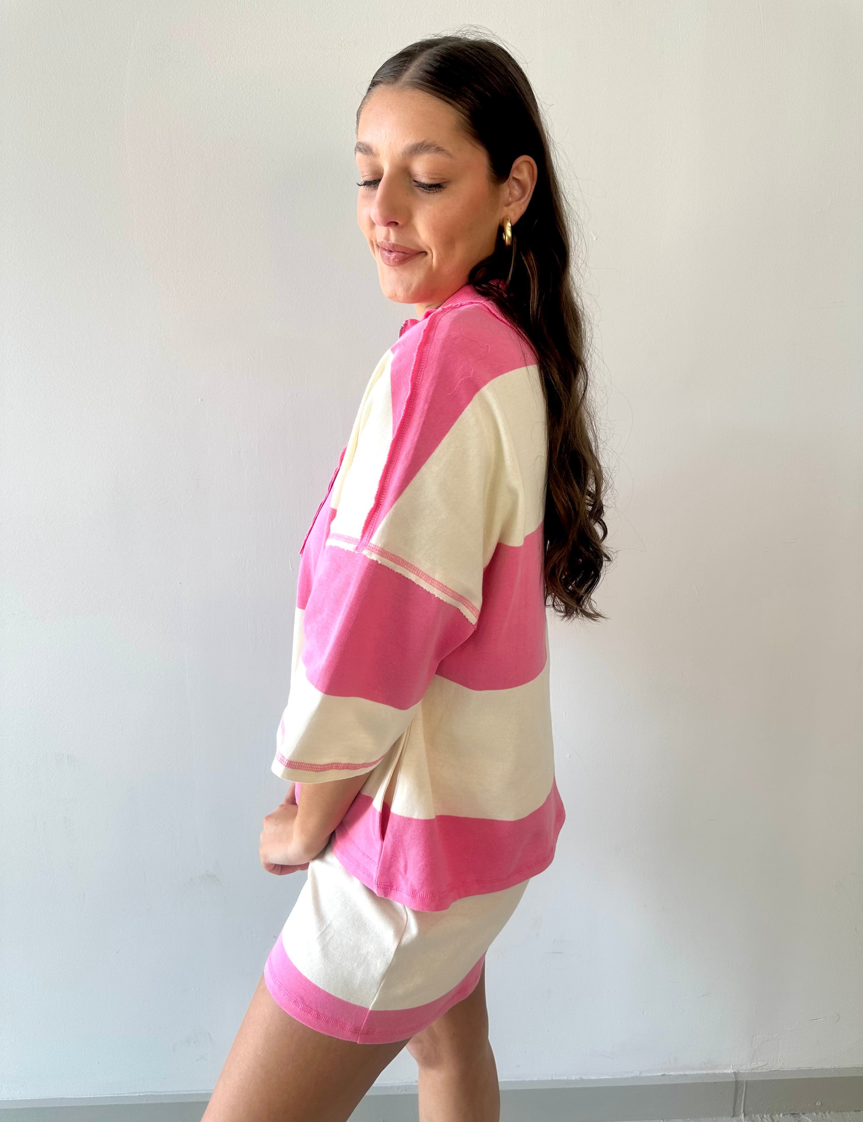 Terry Rugby Top & Short Set - Pink /Ivory