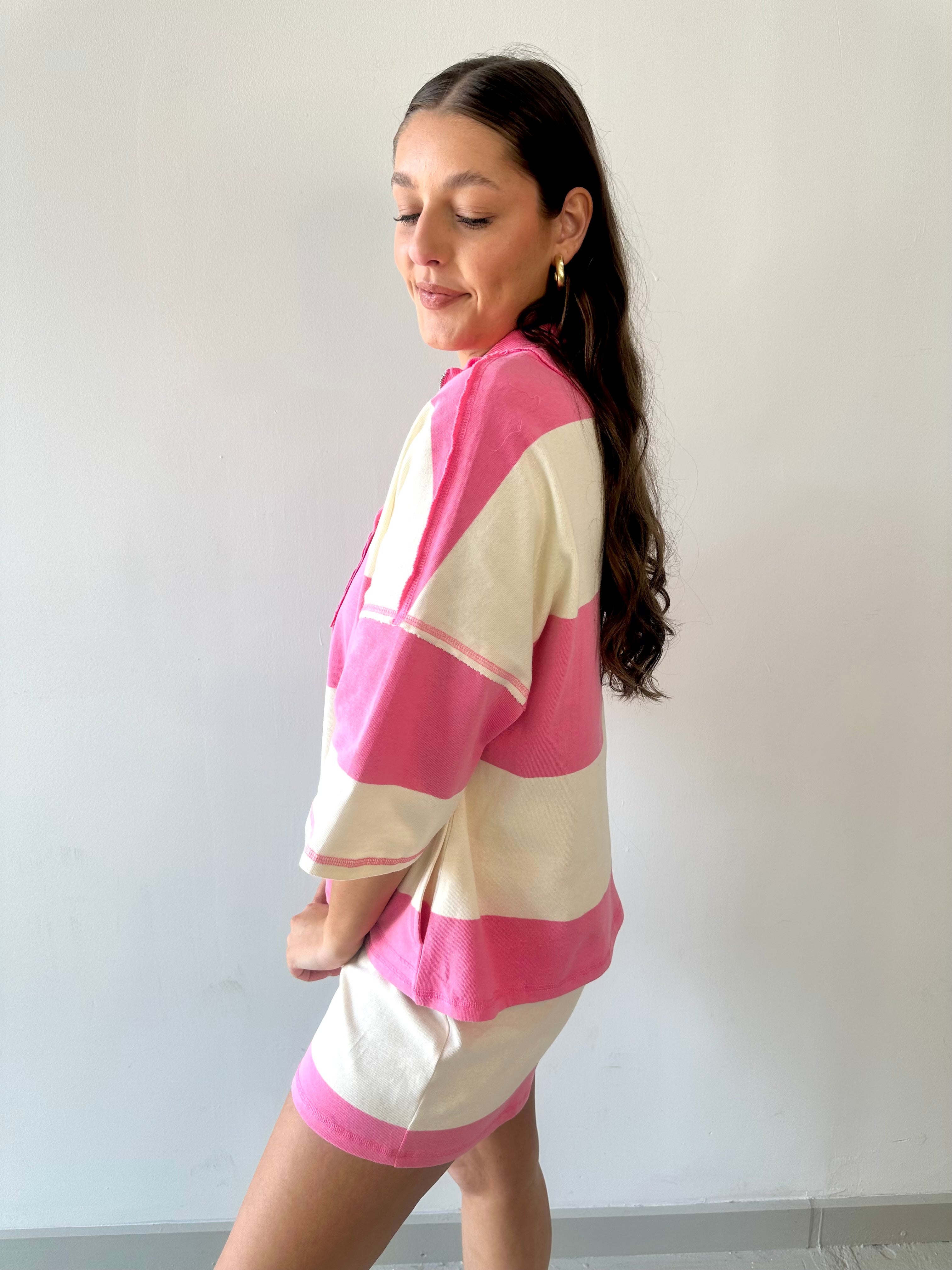 Terry Rugby Top & Short Set - Pink /Ivory