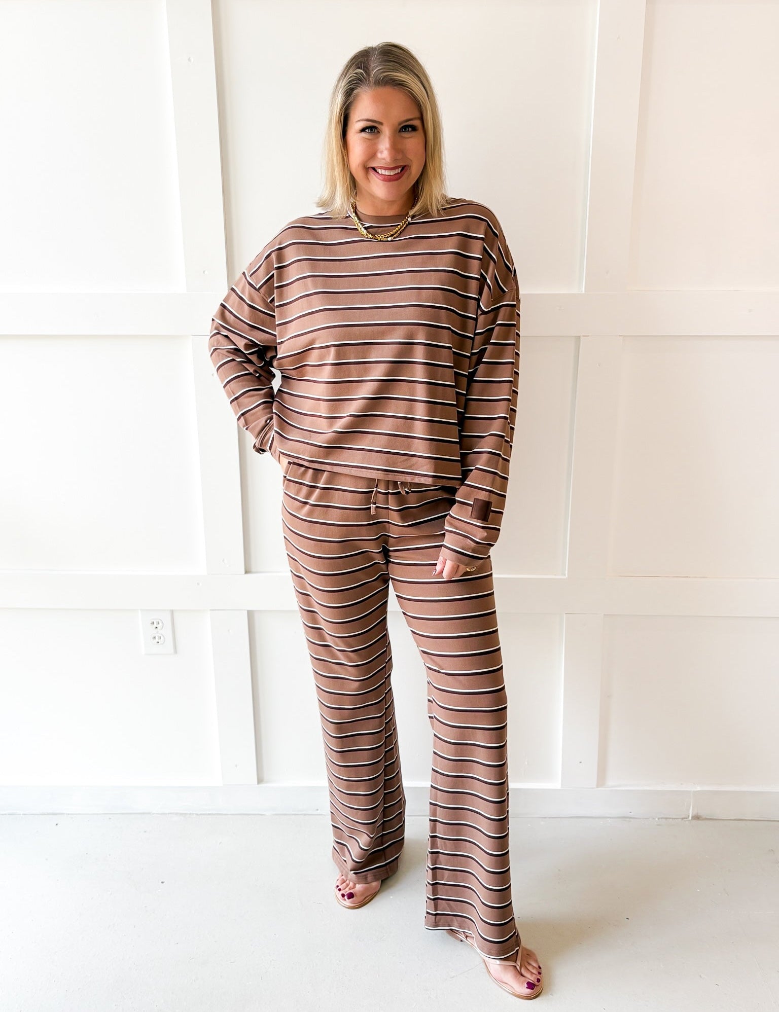 Terry Stripe Top & Pant Set Tan/Brown