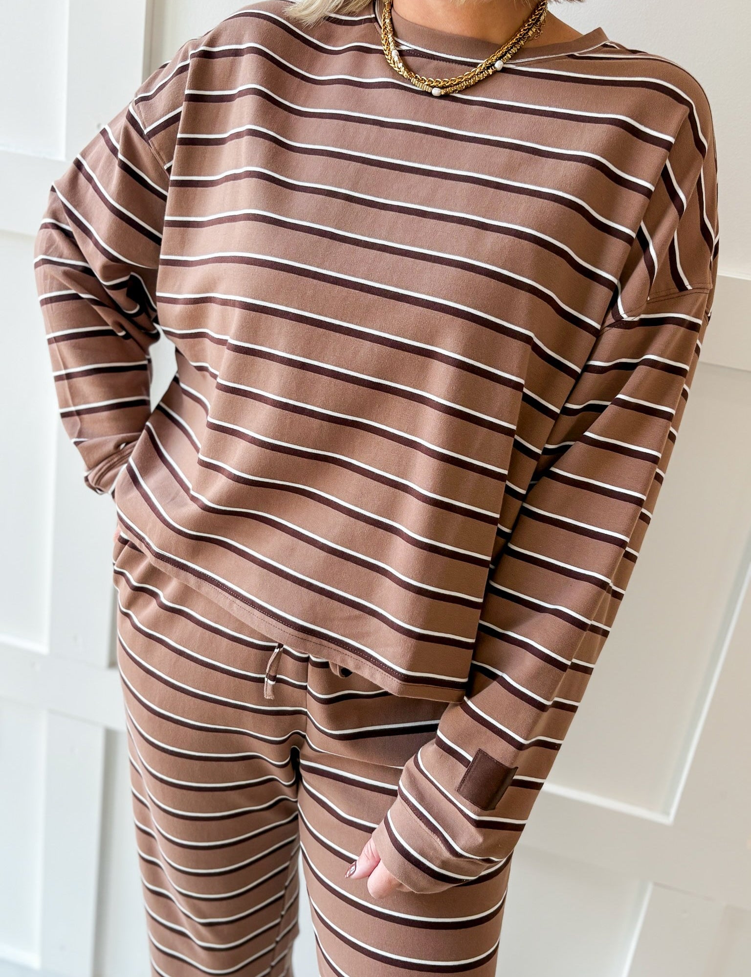 Terry Stripe Top & Pant Set Tan/Brown