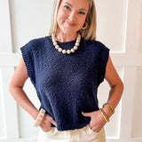 Textured Cotton Vest Top - Navy
