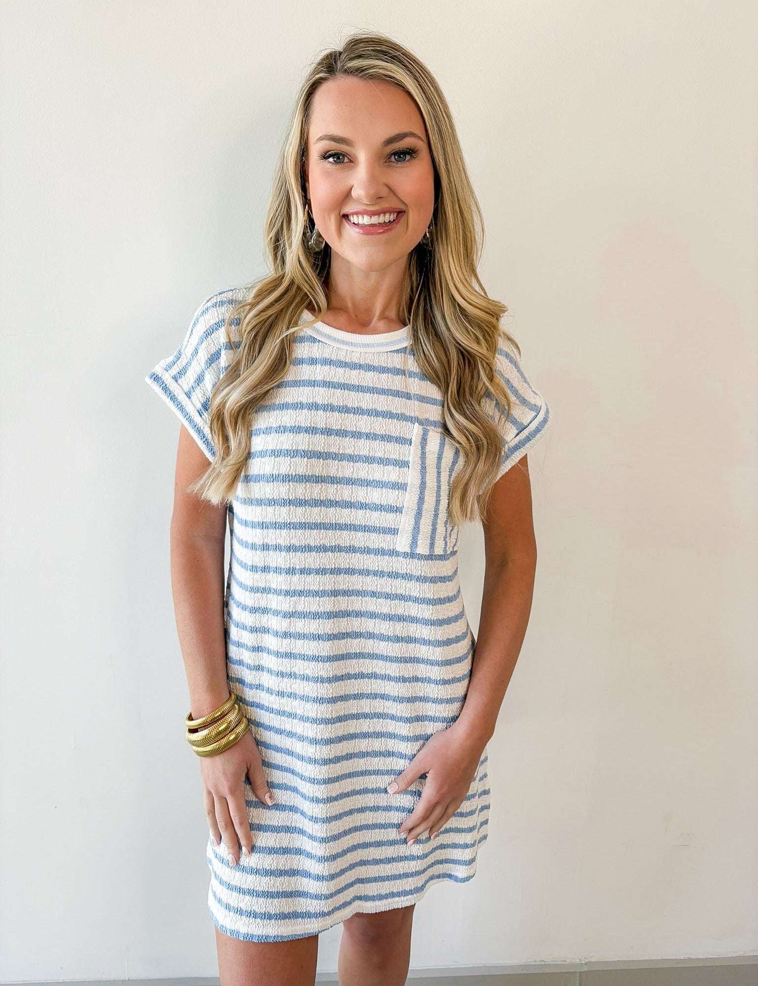 Textured Stripe Knit Tee Dress - Blue