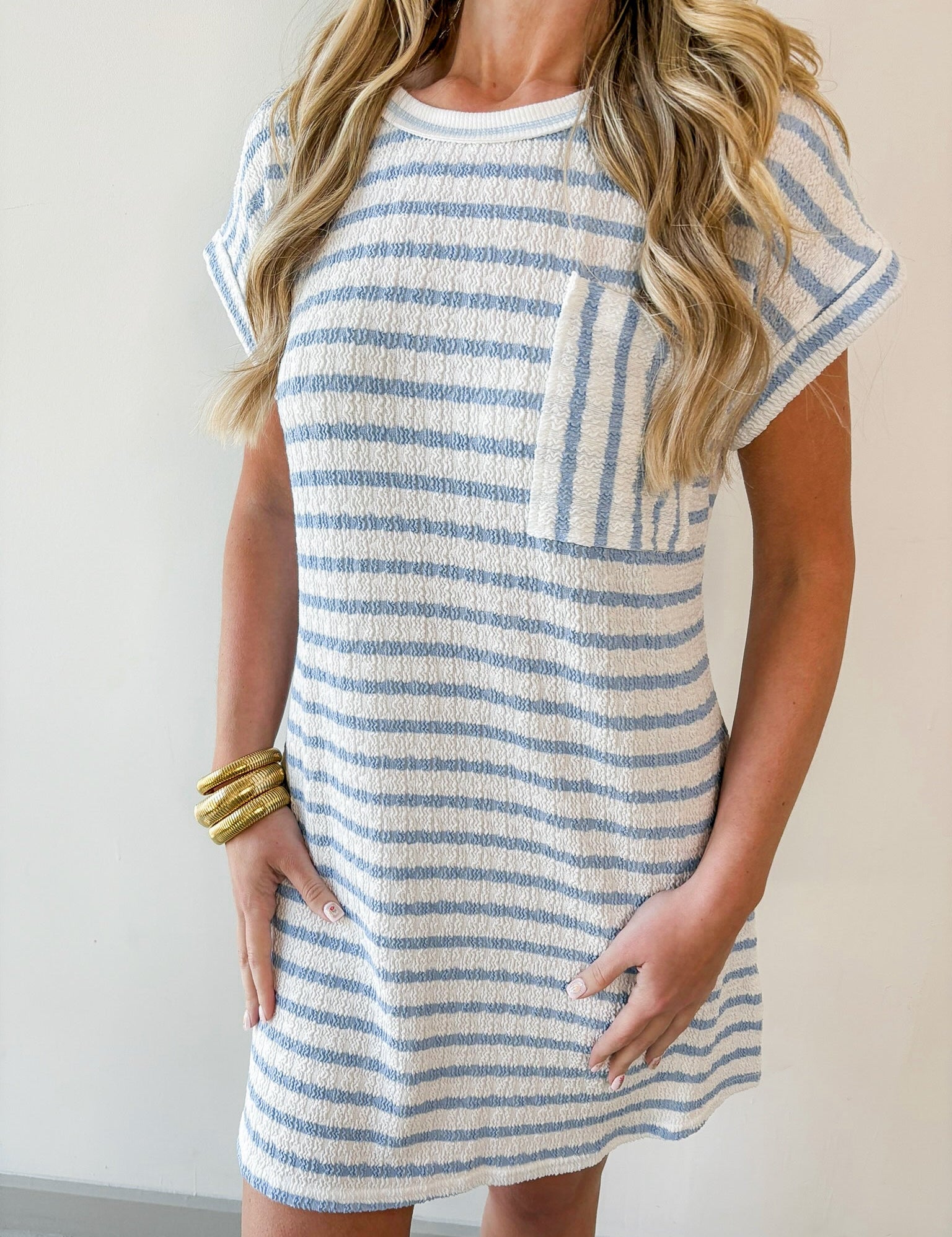 Textured Stripe Knit Tee Dress - Blue