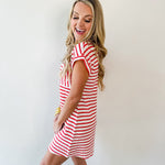 Textured Stripe Knit Tee Dress - Red