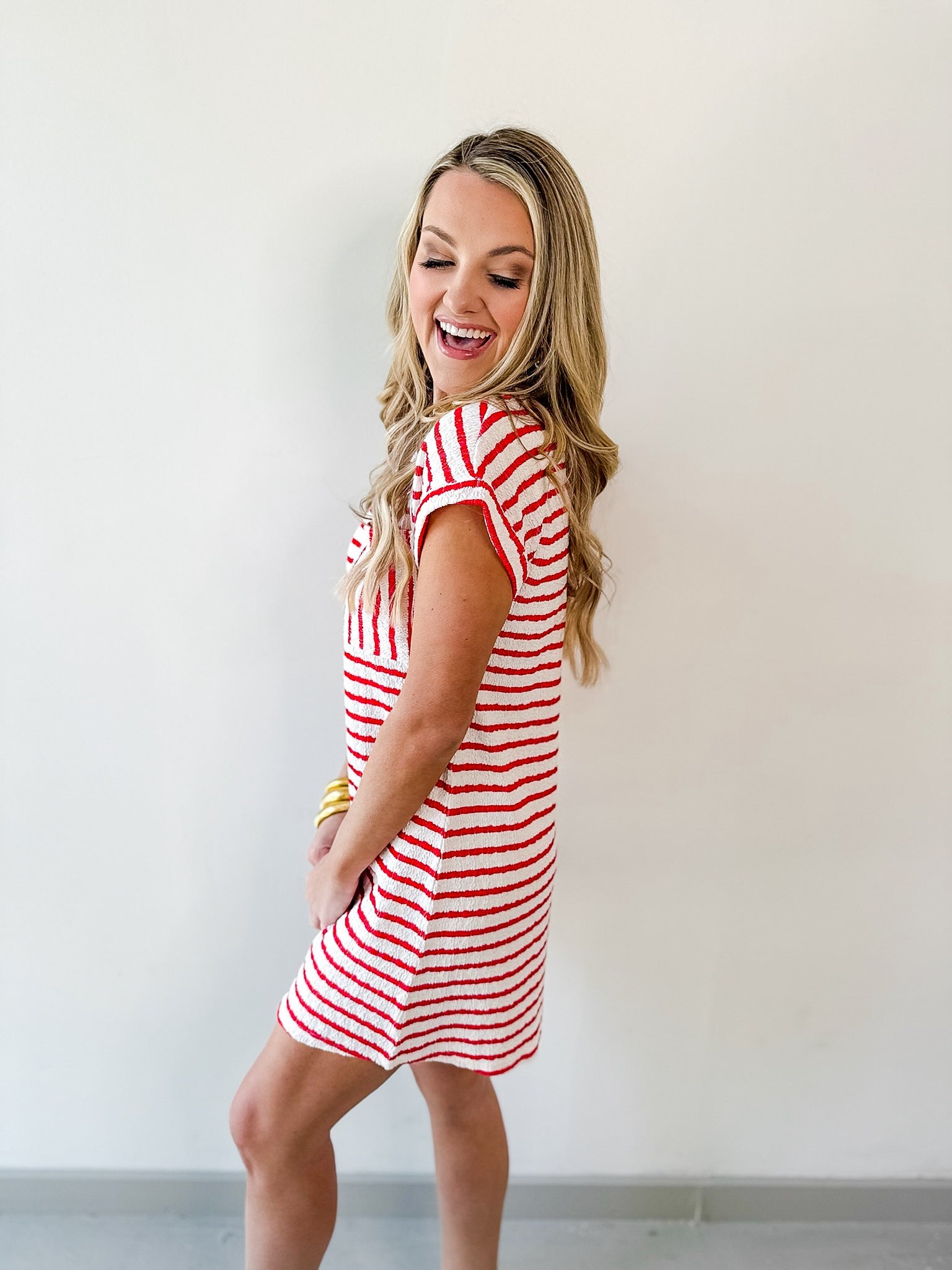 Textured Stripe Knit Tee Dress - Red